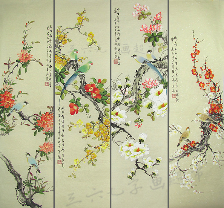Pure Hand Plotter Pen Country Painting Four Screens Flowers Bird Painting Landscape Painting Living Room Decoration Painting Special Price RMB178 -Taobao