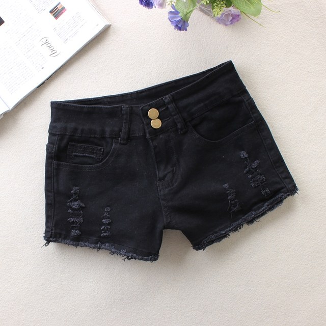 New women's white denim shorts spring and summer slimming elastic soft black mid-waist hot pants double button raw edge trouser legs