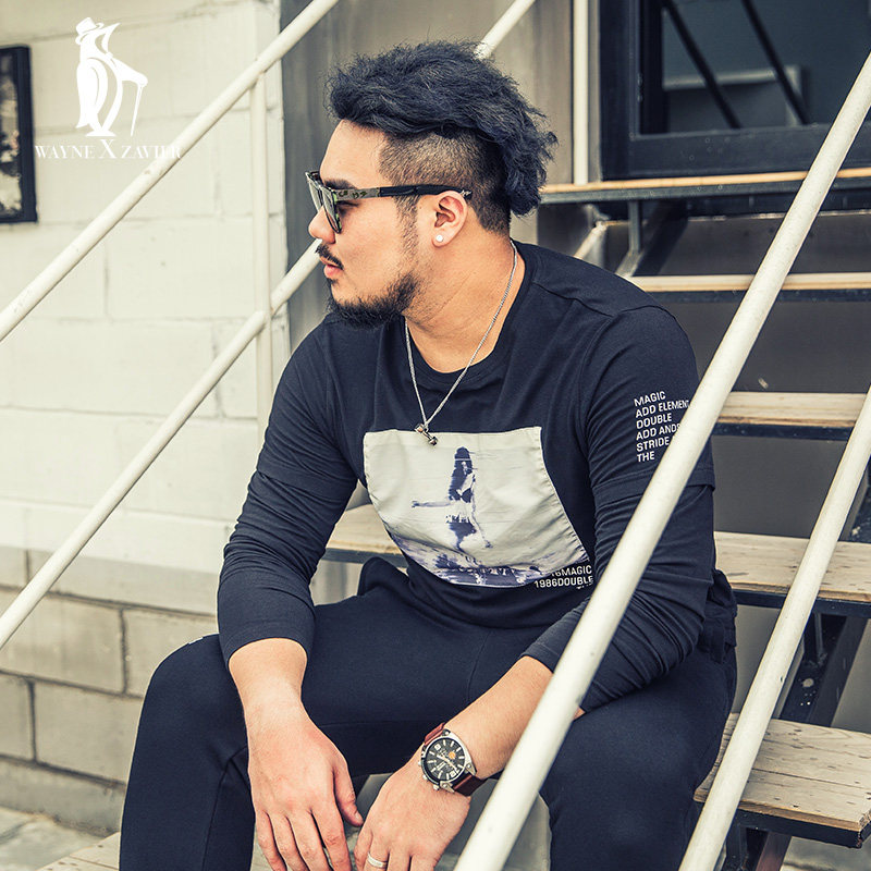 韦恩泽维尔加肥加大码男装潮牌绣花加厚宽松休闲圆领长袖T恤4923