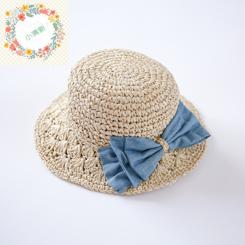 Breathable children's sun hat Korean version of fresh blue bow girl straw hat Princess baby handmade sunscreen sun hat