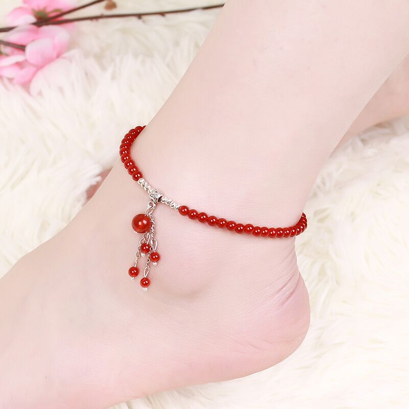 Crystal anklet women's Korean edition accessories Garnet Japan and South Korea simple Red Agate fashion crystal naked chain gift of the year of life