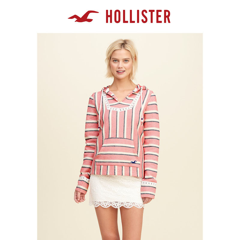 Hollister 2016春装新款巴哈蕾丝饰边帽衫卫衣 女 117164