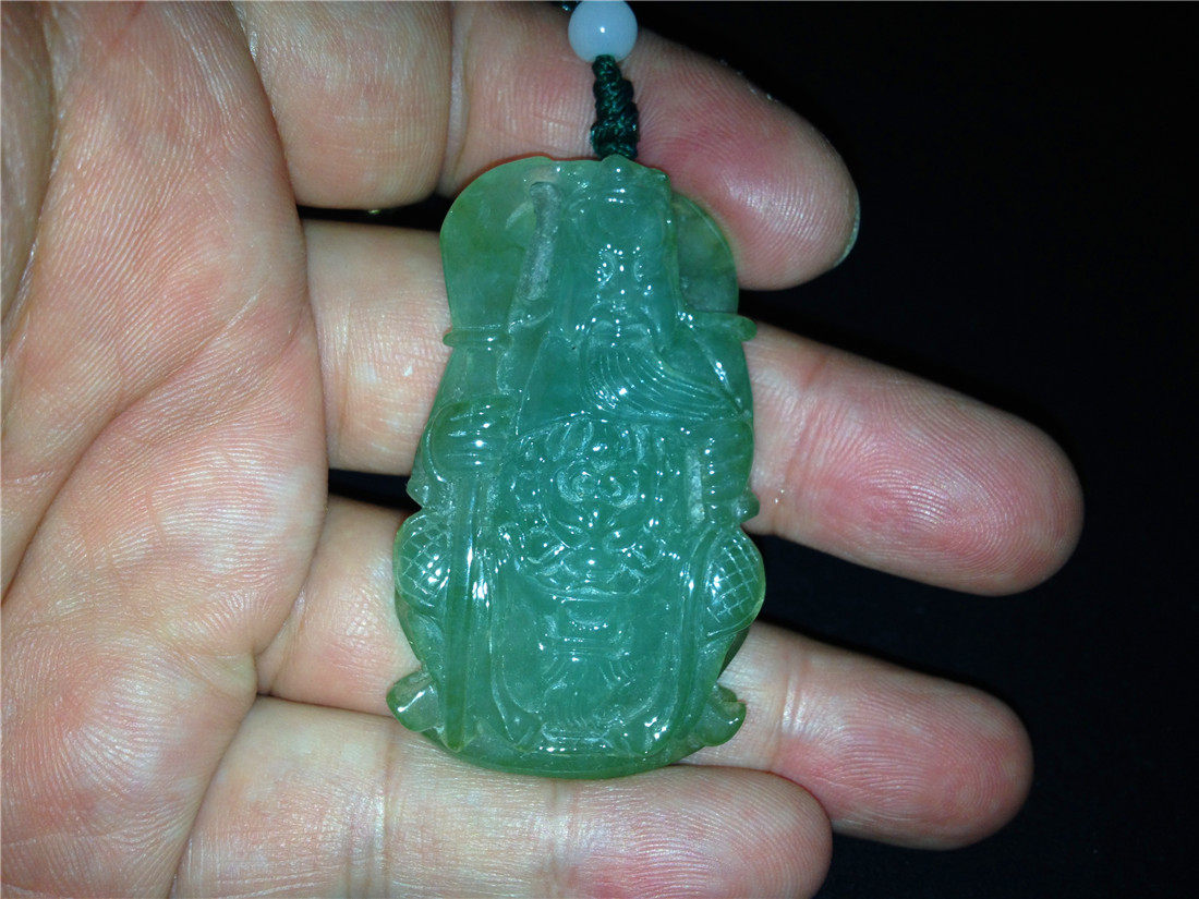 A Material Emerald Oil Green Seed Guan Character Pendant Weight 30 gr With Certificate Big Open Door Objects Fidelity