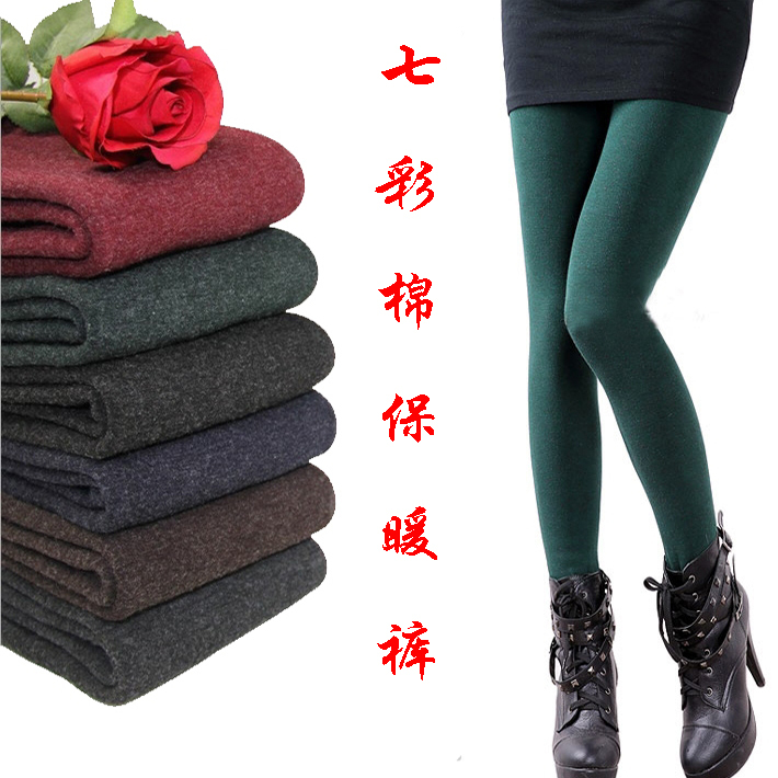 Women's Outerwear Colorful Cotton Fleece-Lined Thick Leggings for Autumn and Winter, Slimming, Warm, Footed Tights, Anti-Pilling, Dark Green