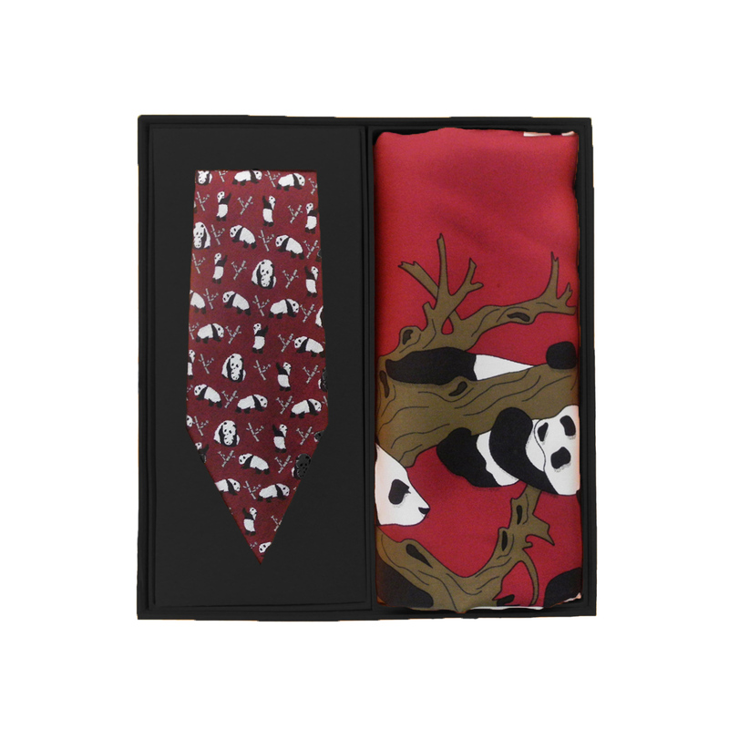Eorilks Chinese Style Panda Silk Jacquard Tie Twill Silk Scarf Set Gift Box Mulberry Silk