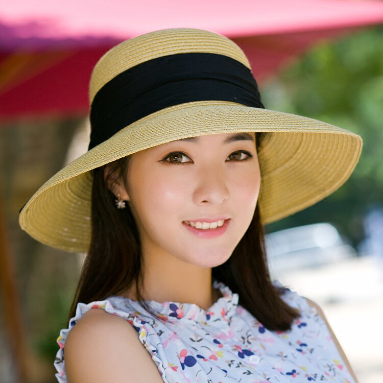 Hat female summer Korean version straw hat bow dome sun hat foldable big brim sun hat sunscreen beach hat