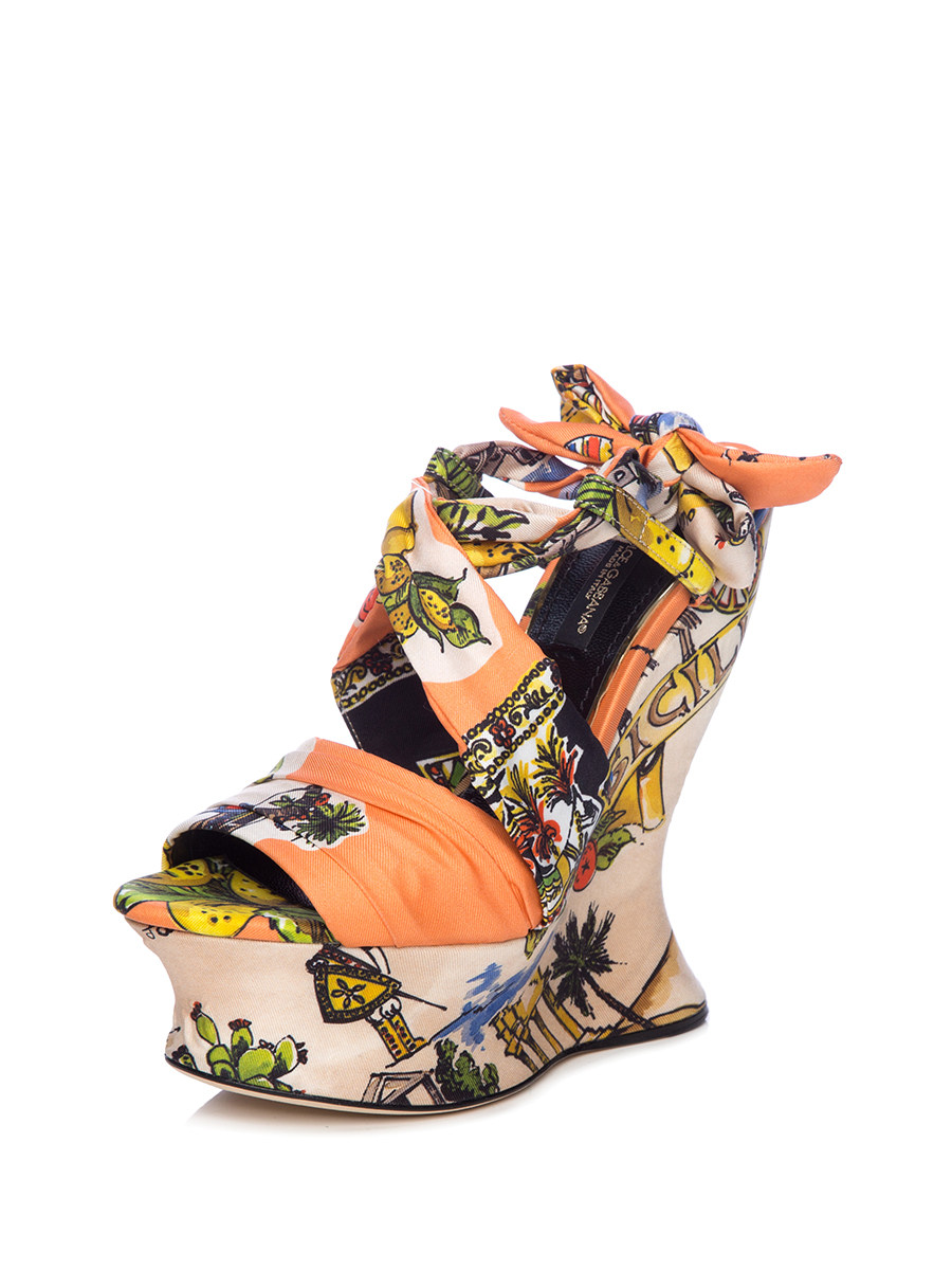 Dolce&Gabbana 橙色印花绑带设计坡跟鞋