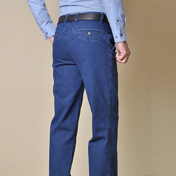 Middle aged men high waist deep crotch elastic casual jeans straight cylinder large size easy to wear long pants pure cotton abrasion resistant