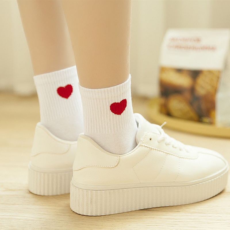 Women's Mid-Calf Socks, Pure Cotton, Korean Style, College Style, Japanese Style, Slouch Socks, All-Cotton Long Socks, Heart Pattern, Versatile, Spring and Summer