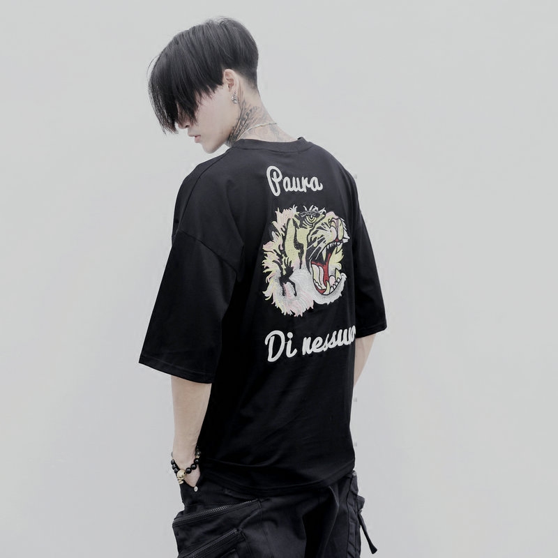 男士高端欧美高街国潮老虎头刺绣短袖t恤潮流夏季薄款半袖体恤衫