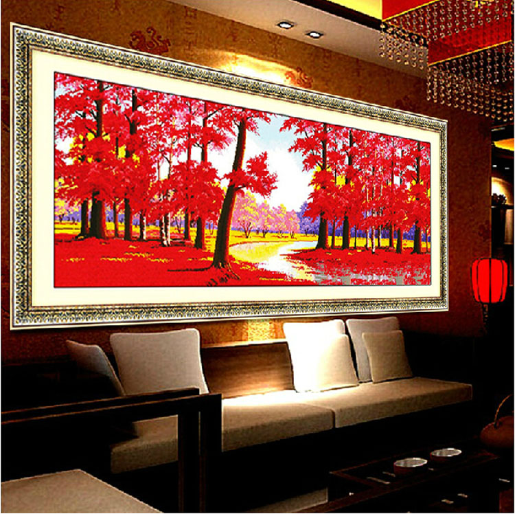 New Mona Lisa red maple woods printed cross embroidered as head living-room big wind landscape painting cotton thread free of mail