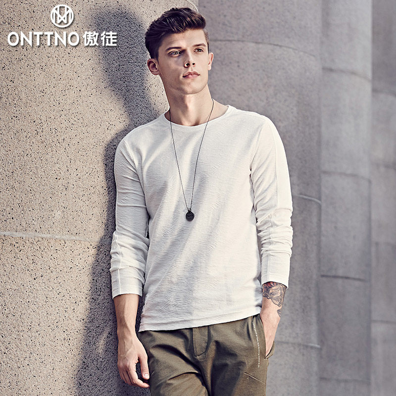 青年贴布纯色潮t 傲徒秋冬新款男士修身上衣时尚休闲长袖T恤