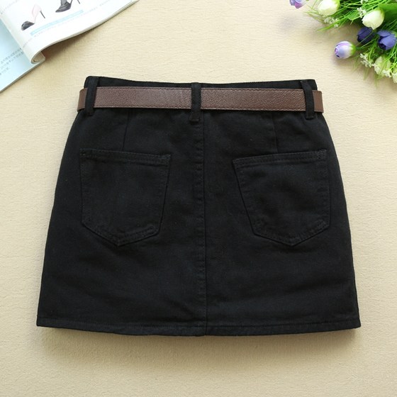 Black denim skirt women's mid-waist spring and summer new simple all-match self-cultivation and thin skirt with inner lining to prevent light loss