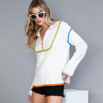 New high-end trendy European and American loose casual sweater for women spring new style slit shoulder pullover lapel long sleeve bumper