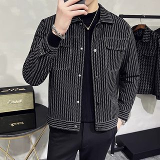 Short slim casual jacket men's new winter x velvet thickened lapel trendy versatile high-end striped outer