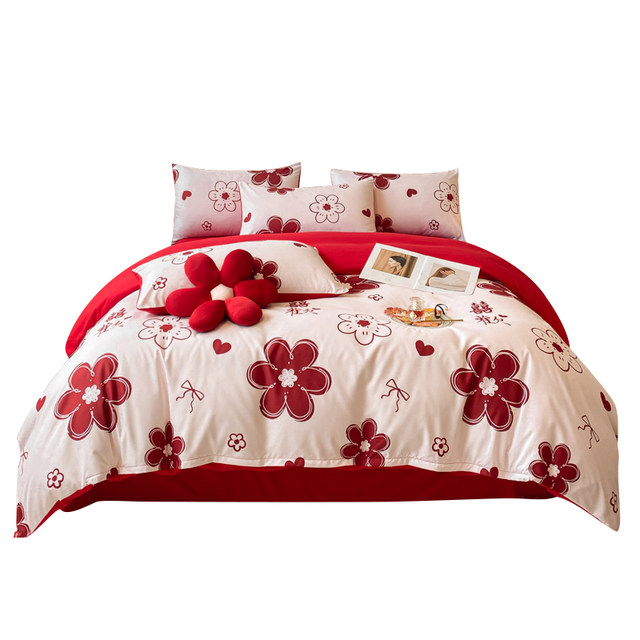 Simple 100 E-Wedding Red Four-Piece Set Printed Wedding Quilt Cover Bedding Sheet Wedding New House Wedding Quilt Bedding