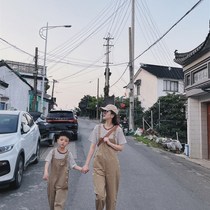 Pure cotton parent-child overalls suit mother-child mother-daughter summer new E style breast fufu slimming street style two pieces