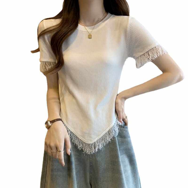 Ice Silk knitted shirt womens short sleeve irregular to-Taob