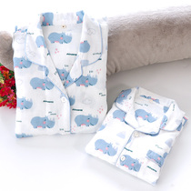 Early autumn Rhino womens parent-child pajamas long-sleeved trousers set cotton double-layer gauze lapel cardigan home wear