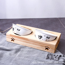 Bamboo cat bowl Ceramic pet bowl Ceramic cat bowl Solid wood pet dining table Drinking dog bowl Stainless steel bamboo stand
