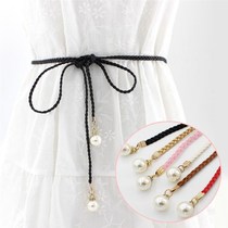 新品Fashion Thin PU Leather Bezlt Simulated Pearl Elastic Wa