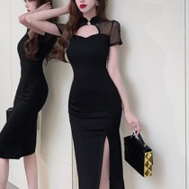 Retro hip slit modified i cheongsam dark style mid-length republican style mesh splicing slim pure lust jumpsuit