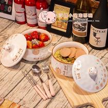 Bowl for dormitory student ceramics cute girly heart with lid household instant noodle bowl instant noodles special easy to clean ears