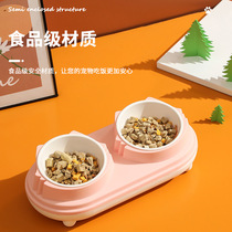 Ceramic cat bowl double bowl with high legs and inclined mouth to protect cat cervical spine cat food bowl drinking bowl food bowl pet supplies