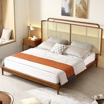 Japanese retro solid wood rattan bed B&B bedroom double bed 1 5 rattan bed combination home wooden bed 1 8 simple