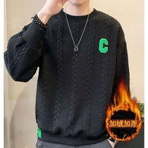 Velvet and thickened high-end g-sense Hong Kong style twist striped white sweatshirt mens ins casual mens autumn and winter round neck top