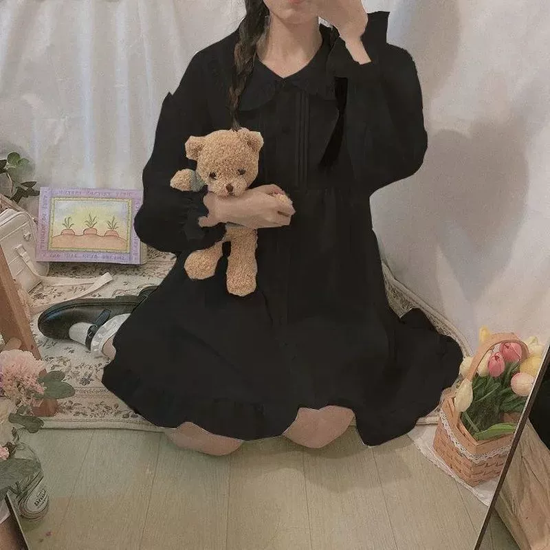 [Женское летнее весеннее платье белое/черное с длинным рукавом в стиле Lolita]