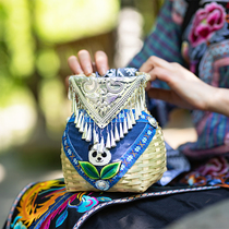 Xiangxi 18th Cave Miao Embroidery Ethnic Bamboo Miao Silver Jewelry Childrens Cute Panda Props Fish Basket Small Back Basket