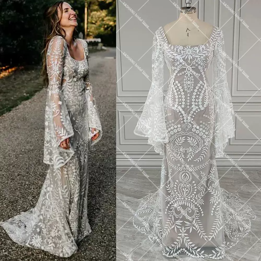 Boho длинные рукава батигу lace свадебное платье дроп-шиппинг custo
