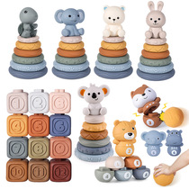 Cross-border infant and early childhood education soft rubber square rainbow circle six-layer Jenga pinch and cry baby teether childrens toy