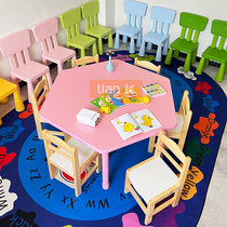 Kindergarten Colorful Hexagon Painting Tables and Chairs Early Education Childrens Solid Wood Tables and Chairs Set Multifunctional Lifting School Manufacturer