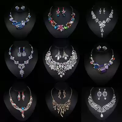 Set full set of combination European exaggerated necklace earrings set luxury crystal purple gemstone short choker women