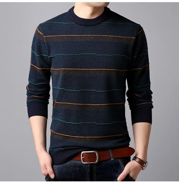 Áo len cổ yếm nam cổ tròn 2018 thu đông 2018 thời trang trung niên giản dị áo len ấm áp nam đầu to - Áo len thể thao / dòng may áo cardigan len