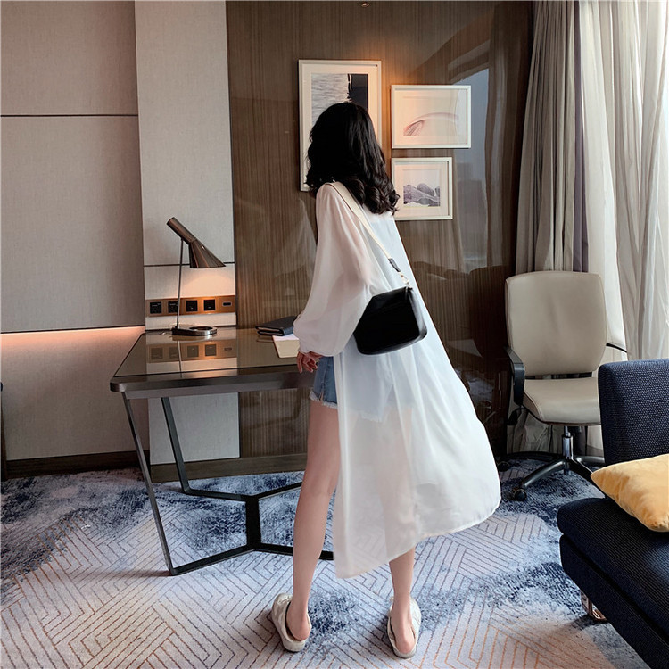 Quần áo chống nắng siêu cổ tích mới dành cho nữ quần lửng dài đến đầu gối cardigan siêu mỏng áo choàng mùa hè khăn choàng voan là áo khoác mỏng - Áo sơ mi chiffon ren