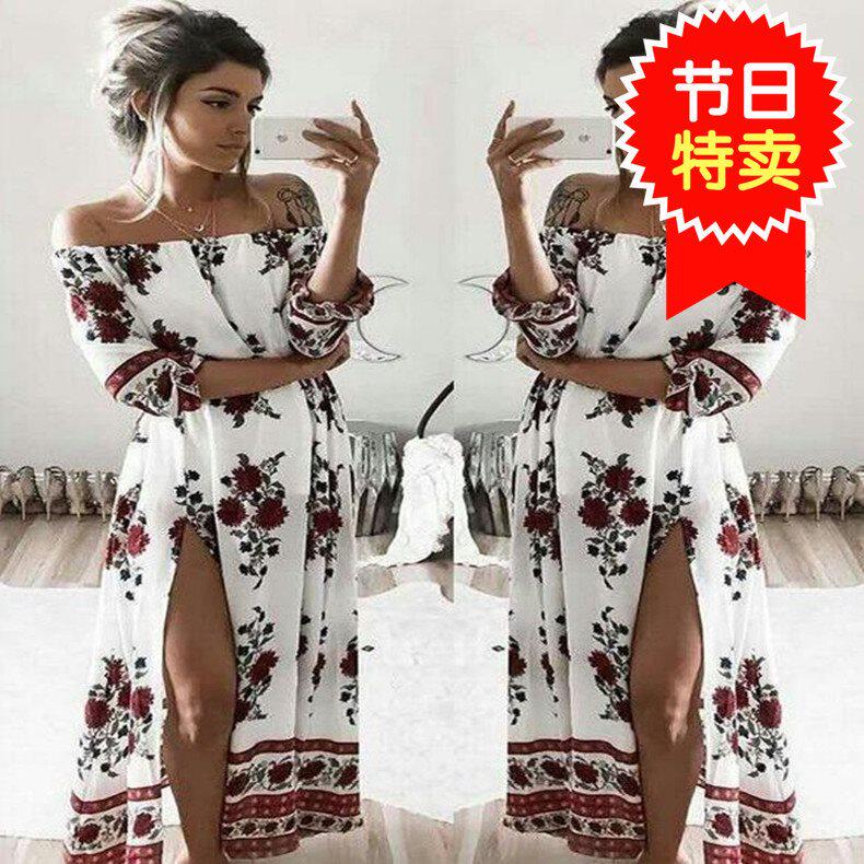 2017 summer fashion slash neck print off shoulder dress lady