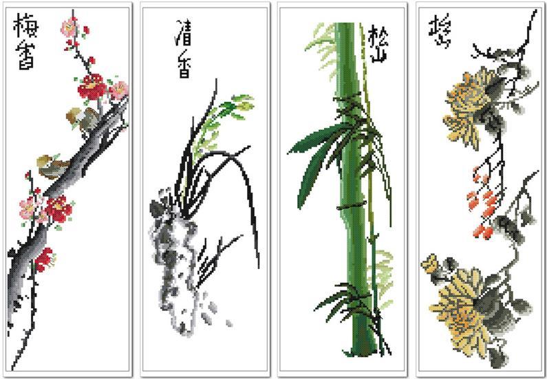 Hu Lili Cross Stitch DMC Kit Four Gentlemen - Plum, Orchid, Bamboo and Chrysanthemum Full Set With 3D 5D Precision Printing Cloth