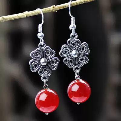 Ethnic ornaments retro Chinese style jewelry women original natural red agate seedling silver earrings female long version