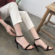 2018 mới từ hoang dã khóa stiletto sandal cao gót màu đen da lộn hoang dã hở ngón chân La Mã mùa hè