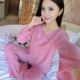 Mùa hè và mùa thu của phụ nữ cotton hai lớp cotton và đồ ngủ bằng vải cotton đặt ren kích thước lớn tháng quần áo quần dài tay quần nhà