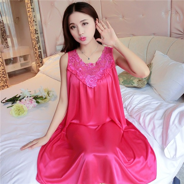 ຊຸດນອນຂອງແມ່ຍິງ Sexy Korean Style Ice Silk Lace Nightgown Summer Suspender Sleeveless Size Plus Size 200 Jin Fat MM Mid Skirt