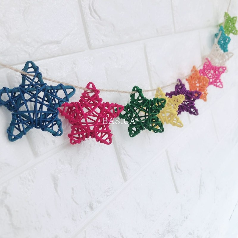 Colorful rattan ball star love-shaped small fish decoration net red wall decoration girl heart grid photo wall