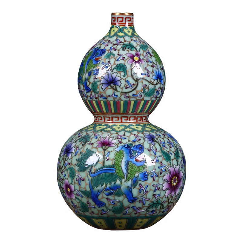 Jingdezhen ceramics antique hand - made colored enamel paint kirin gourd bottle of Chinese style living room porch decorate furnishing articles