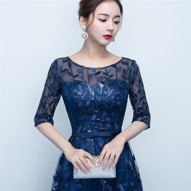 2019 New Evening dress dài cưới tay ren ăn mặc Trim tiệc chủ ăn mặc cô gái