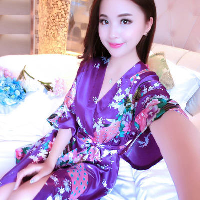 Mới mùa hè Nhật Bản kimono mỏng Geisha áo choàng tắm lụa in áo choàng tắm phong cách Nhật Bản phụ nữ áo ngủ cổ điển - Night Robe