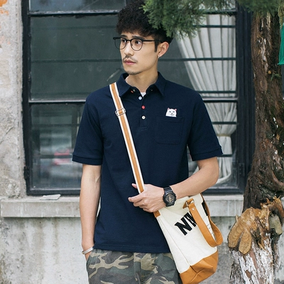 Dil Nhật Bản thủy triều thương hiệu mèo in polo áo mùa hè ngắn tay T-Shirt nam ve áo nửa tay t-shirt thanh niên áo sơ mi Polo Polo