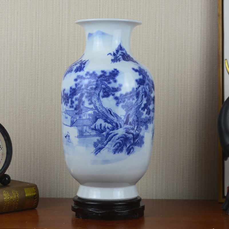 Blue and white porcelain vase landscape of jingdezhen ceramics sitting room Chinese wind restoring ancient ways household soft adornment furnishing articles arranging flowers
